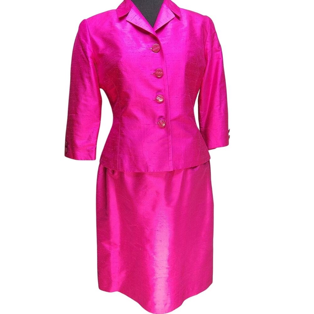 Vtg Renee DuMarr Fuchsia 100% Silk Skirt Suit 8 1980s Hot Pink Blazer Pencil Ski